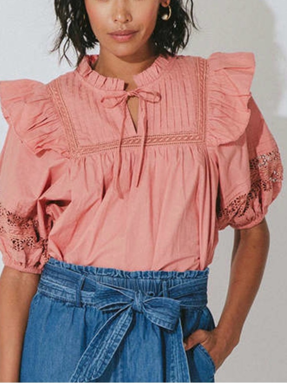 Cleobella Pink Ruffled Pintuck Tie-Neck Blouse - Picture 3 of 3
